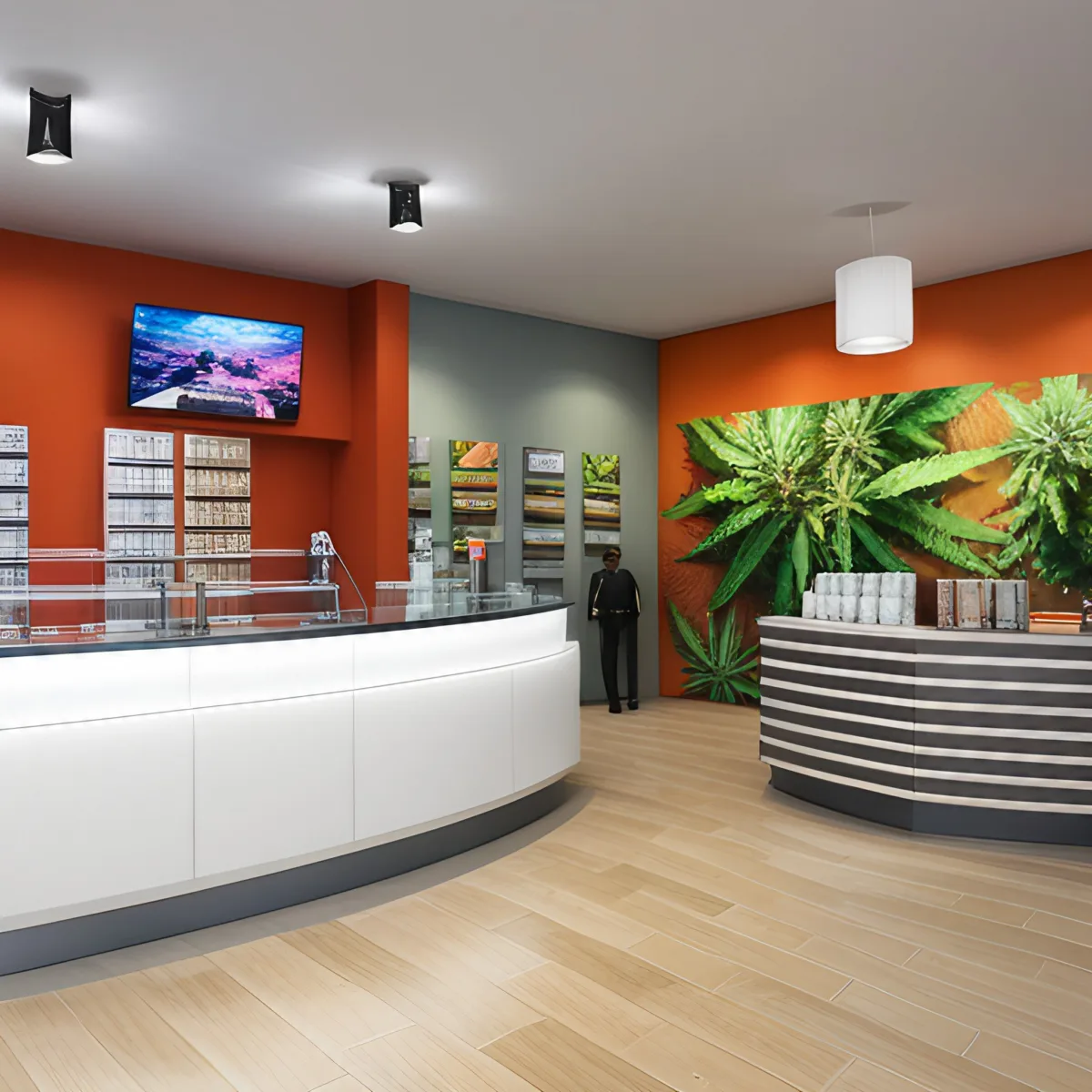 Vibrant cannabis dispensary with diverse cannabis products and enthusiastic customers exploring the selection.