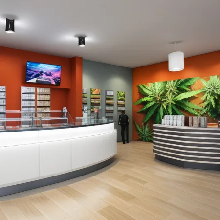 Vibrant cannabis dispensary with diverse cannabis products and enthusiastic customers exploring the selection.