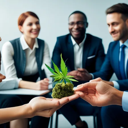 Cannabis entrepreneurs celebrating successful access to financial services in the marijuana banking industry.