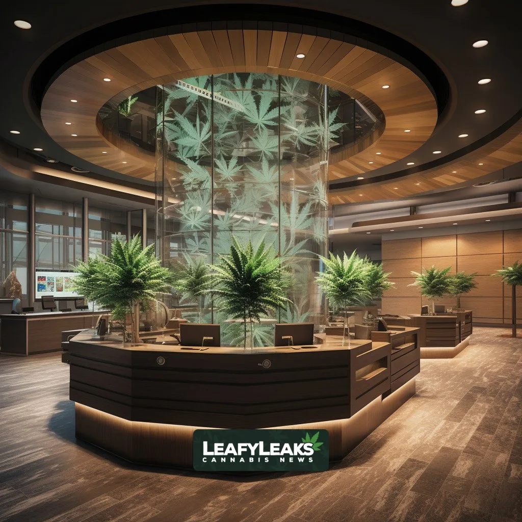 Cannabis banking establishment with lighter ambient light and realistic settings.