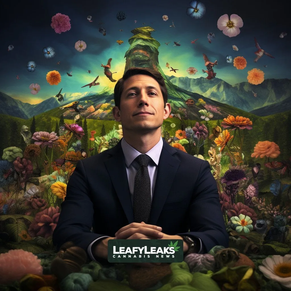 Minneapolis Mayor Jacob Frey surrounded by psychedelic plants in a serene setting.