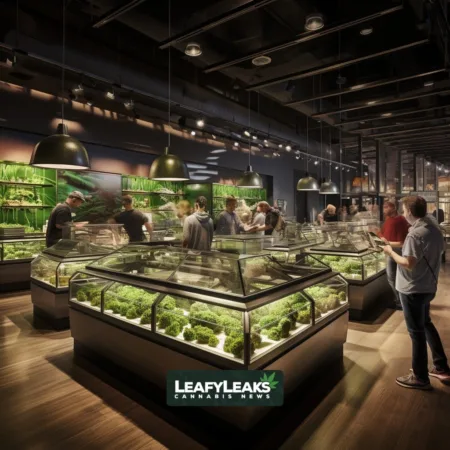 Michigan’s Cannabis Sales Surge, Smashing Records at $261 Million in June A vibrant marijuana dispensary in Michigan with bustling activity and diverse cannabis products.