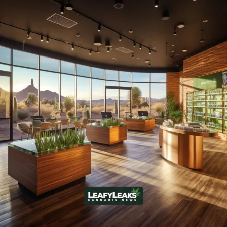 Arizona’s Recreational Cannabis Sales Surge Past $100 Million, Outpacing Medical Market A vibrant scene at an Arizona recreational cannabis dispensary, showing customers and staff engaging in transactions and conversations.