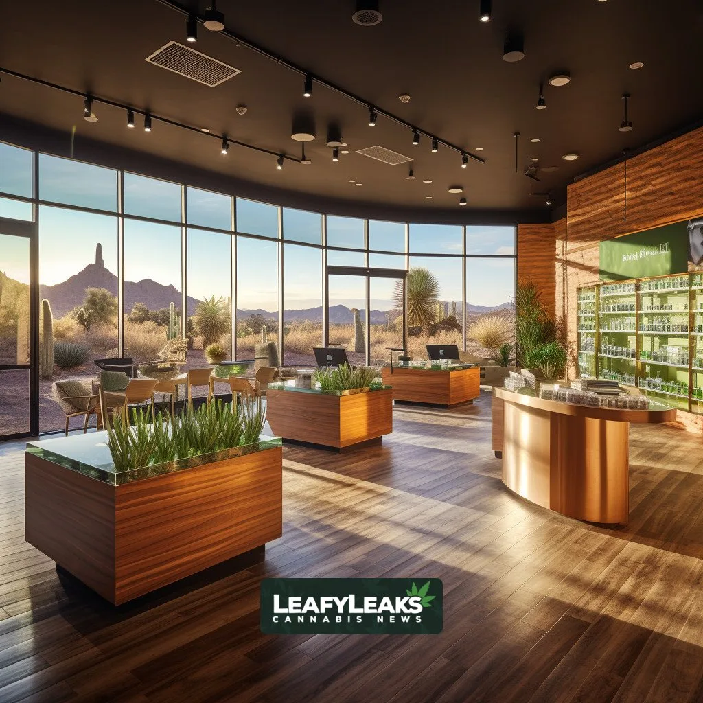 A vibrant scene at an Arizona recreational cannabis dispensary, showing customers and staff engaging in transactions and conversations.