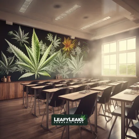 Image depicting a high school classroom with students and a teacher, showcasing declining teen cannabis use despite the legalization trend.