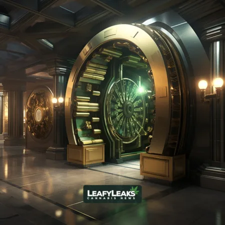 Negotiations Stall as Bipartisan Marijuana Banking Bill Faces Hurdles Over Controversial Section Luxurious bank vault with money stacks and cannabis leaves