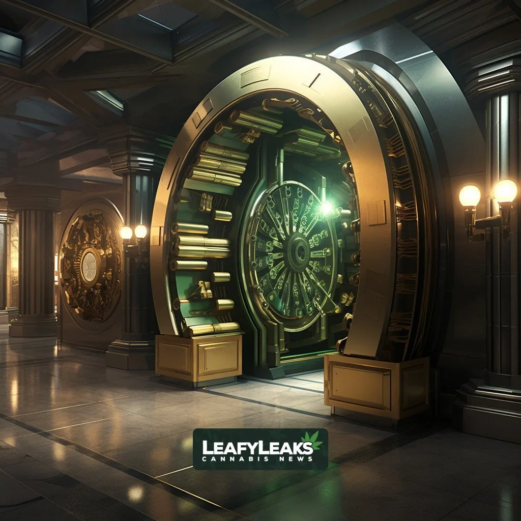 Luxurious bank vault with money stacks and cannabis leaves