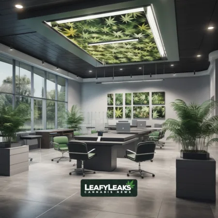 Financial Company Revises Testimony on Cannabis Banking Bill Amidst Pushback, Urges Swift Action to Secure Industry’s Future Cannabis-themed modern banking office with professional ambiance.