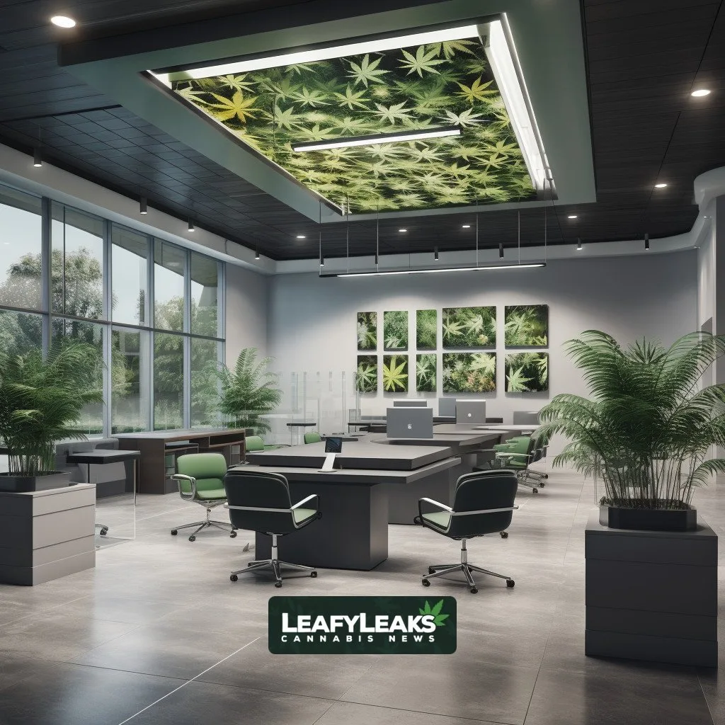 Cannabis-themed modern banking office with professional ambiance.
