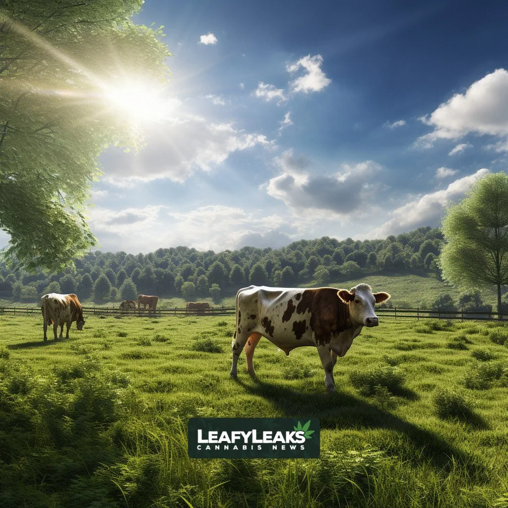 Hemp-fed cattle grazing in a lush field