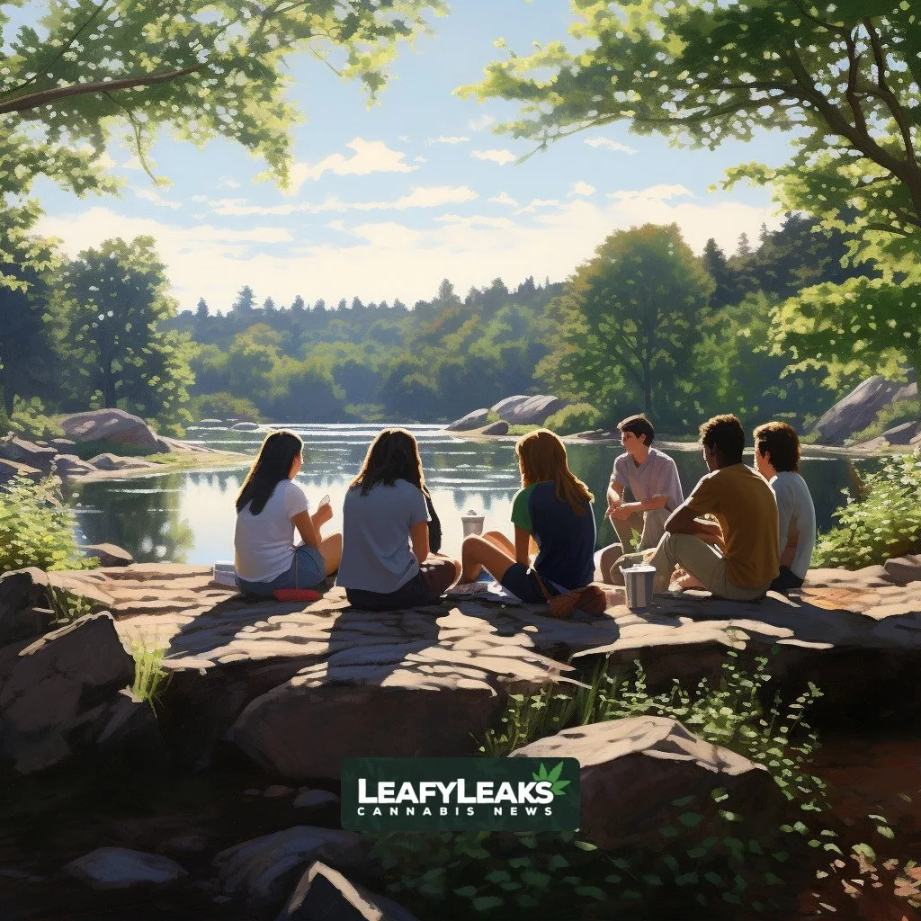 Rhode Island Youth Marijuana Decline - AI-generated outdoor scene with diverse high school students enjoying recreational activities in a picturesque landscape.
