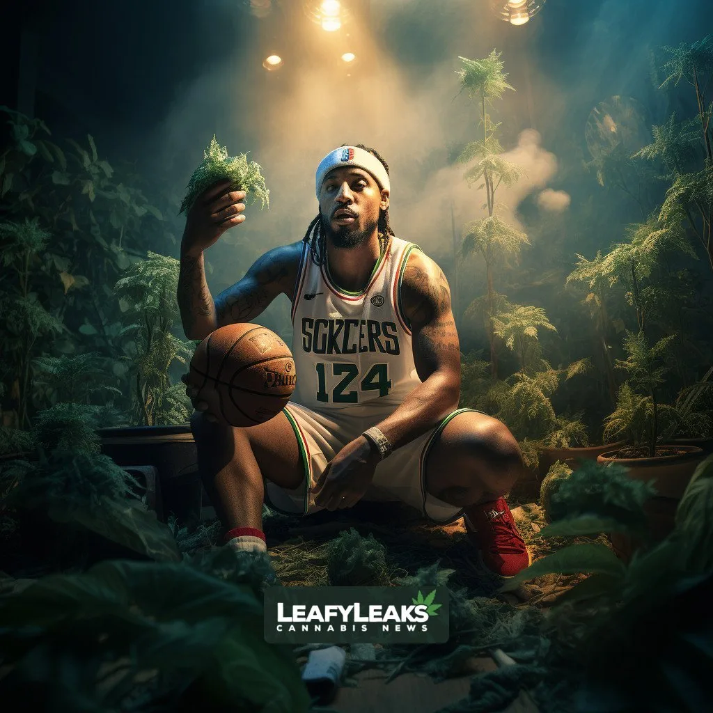 NBA player holding a basketball amidst marijuana leaves.
