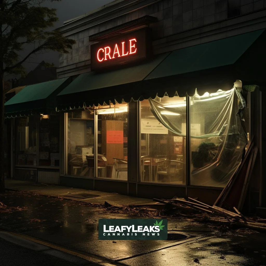 Curaleaf license denial illustration with closed storefront shutters.