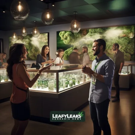 Connecticut Breaks New Ground as Recreational Marijuana Sales Surpass Medical Market in Record-Breaking Month A vibrant scene at a Connecticut marijuana dispensary, showcasing a wide selection of cannabis products and knowledgeable staff assisting customers.