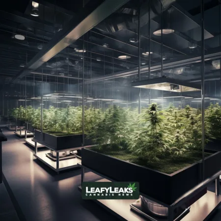Canadian cannabis micro-cultivation facility with entrepreneurs tending to flourishing marijuana plants.