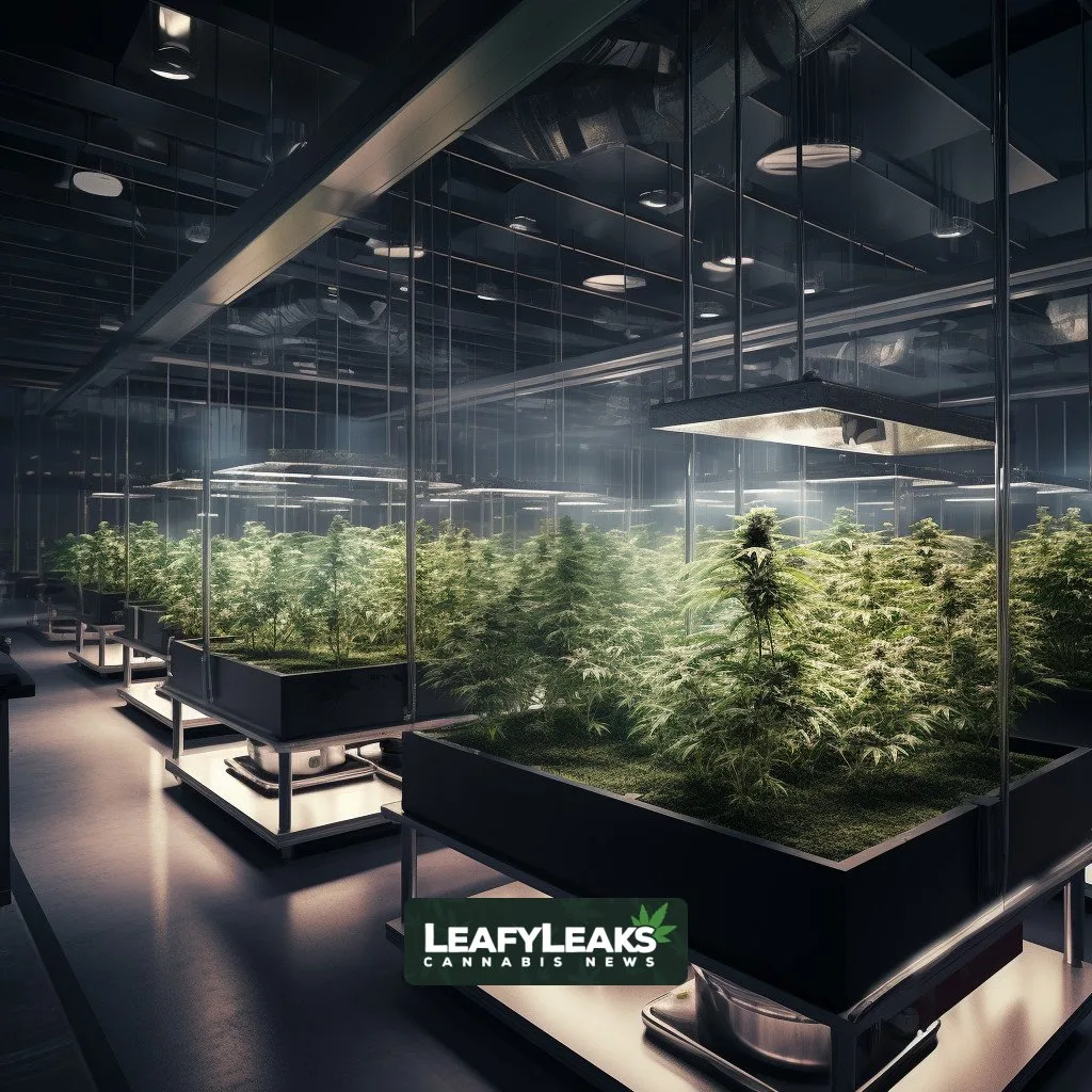 Canadian cannabis micro-cultivation facility with entrepreneurs tending to flourishing marijuana plants.