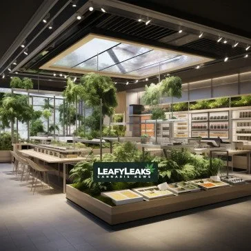 Mapping the Cannabis Landscape: MSOs Navigate Downsizing and Optimizing Operations in the Evolving Marijuana Industry Cannabis MSOs Navigate Downsizing - AI-generated image of a modern cannabis retail facility amidst a lush landscape.