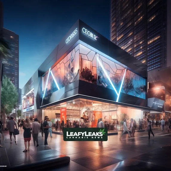 Futuristic CBD retail store in Phoenix, showcasing 1606 Corp. branding, global expansion impact, and enthusiastic investors.