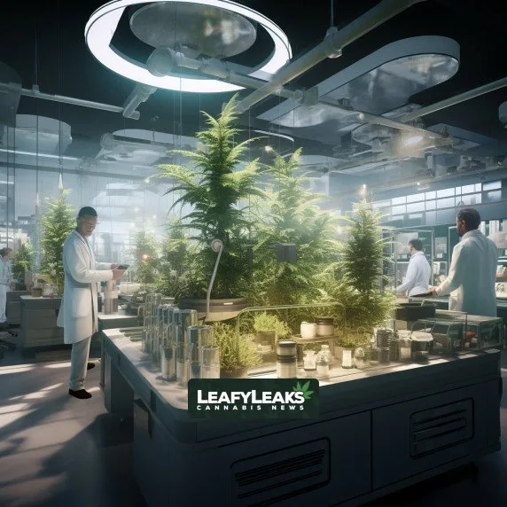 Futuristic medical lab with scientists collaborating on a revolutionary hemp drug.