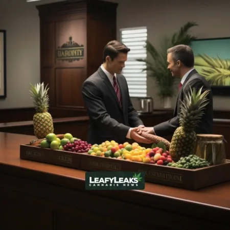A scene of resolution as Edible Arrangements and Green Thumb Industries representatives shake hands, settling their 'Edible' cannabis trademark dispute.