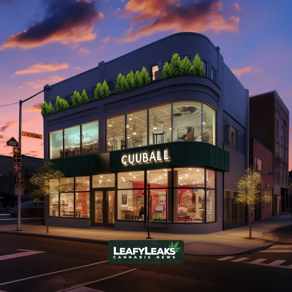 Dispensary in New Jersey cityscape with Curaleaf logo, customers, and warm lighting.