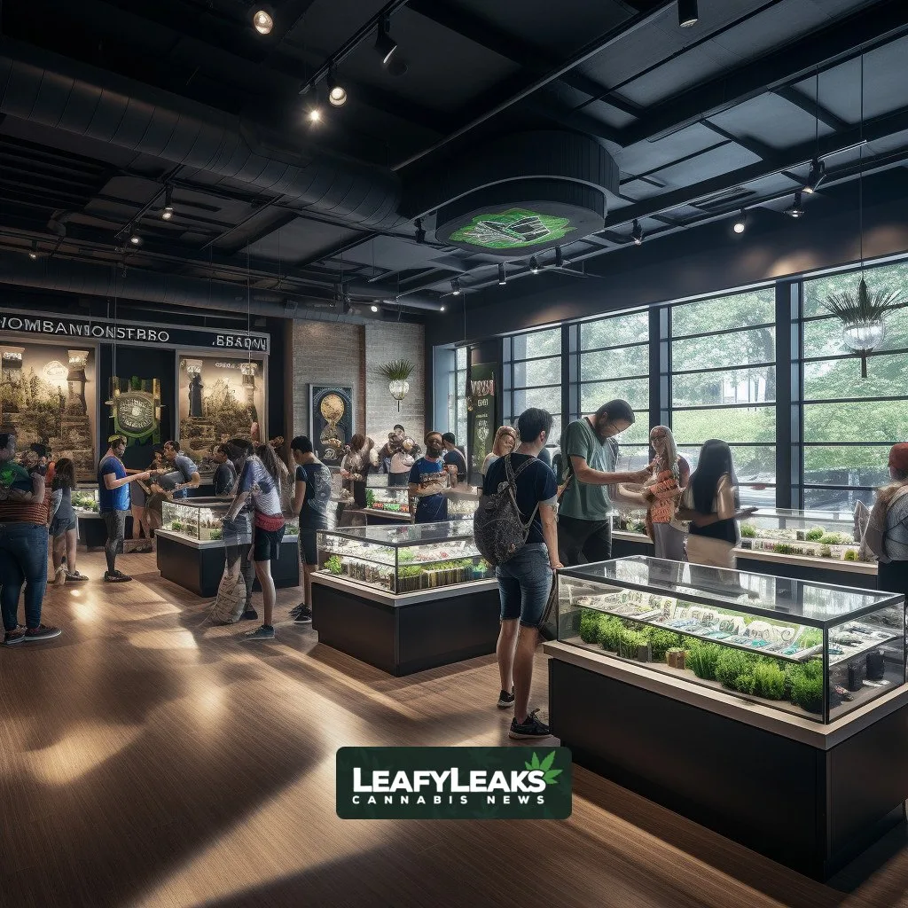 Illinois cannabis dispensary scene with bustling activity, showcasing record-breaking July sales.