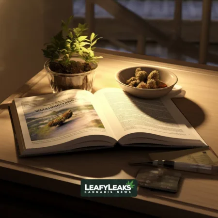 Image depicting a scene of contrasting cannabis and tobacco leaves around an open book titled 'AMA Study' in a dimly lit living room.