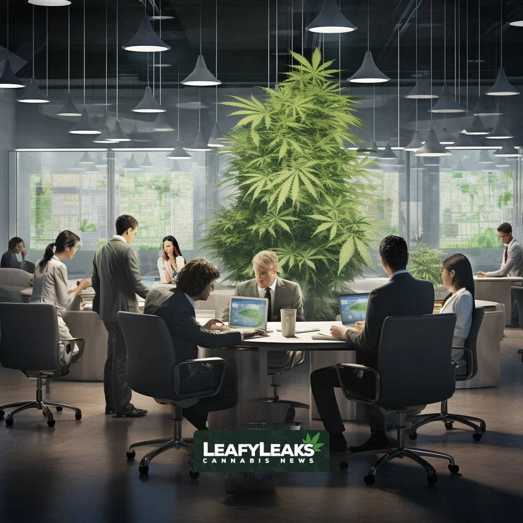 Workplace safety discussion in cannabis-themed office