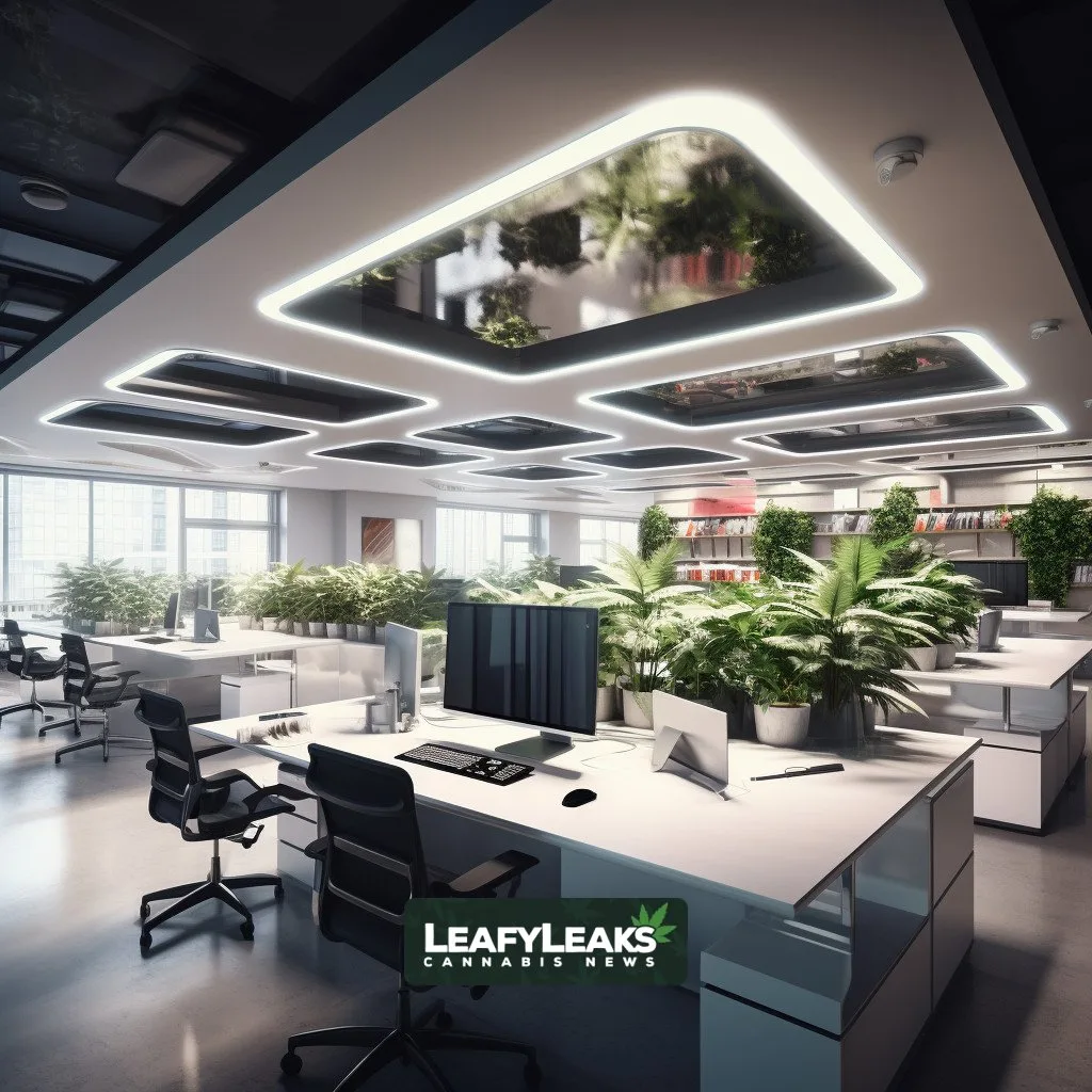 Study Reveals Workplace Cannabis Risk: AI-generated image of a modern office environment with employees engaged in tasks.