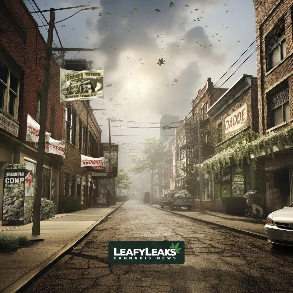 Ohio Election Scene: Urban street, campaign posters, ballot box, and cannabis leaf