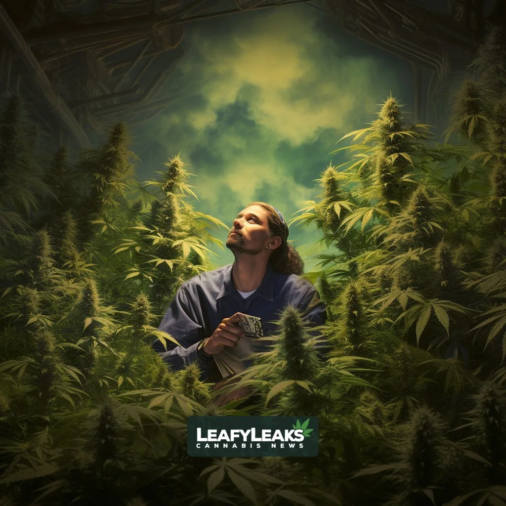 Image depicting cannabis plants and individual, illustrating opioid craving reduction.
