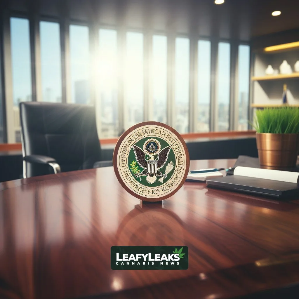 Image depicting an office setting with a desk, open envelope, and White House emblem, related to the cannabis scheduling review.