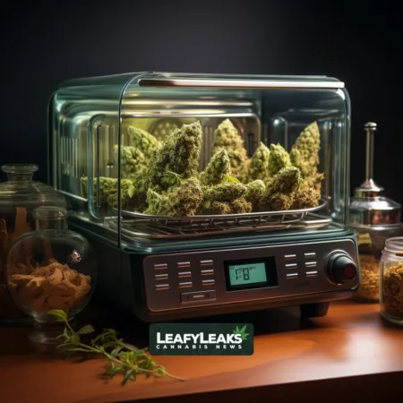 AI-Generated Image: Microwave Cannabis Decarboxylation Process - Cannabis bud in a microwave, symbolizing efficient decarboxylation.