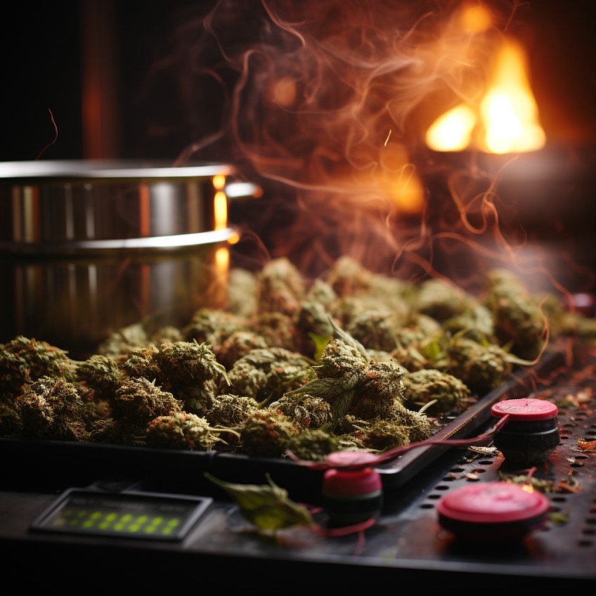 AI-Generated Image: Overheating in Cannabis Decarboxylation - Cannabis bud exposed to excessive heat, highlighting potency loss.