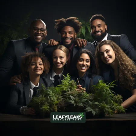 A diverse group of entrepreneurs celebrating with a marijuana leaf, highlighting the impact of tax cuts on the cannabis industry's growth.