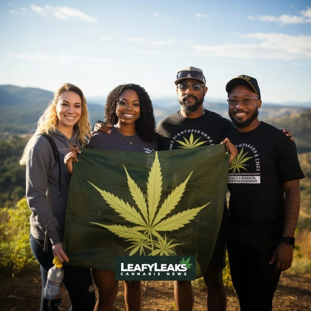 Diverse group holding a "Marijuana Initiative" banner with South Dakota's landscape in the background.