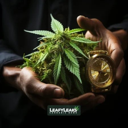 Cannabis leaf held in hand with a clock showing 4:20, representing Marijuana Rescheduling and cannabis news by LeafyLeaks.