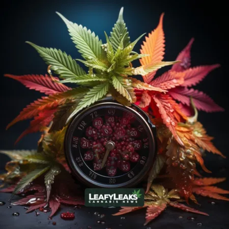 Vibrant cannabis leaf representing marijuana rescheduling, with LeafyLeaks' Cannabis News banner.