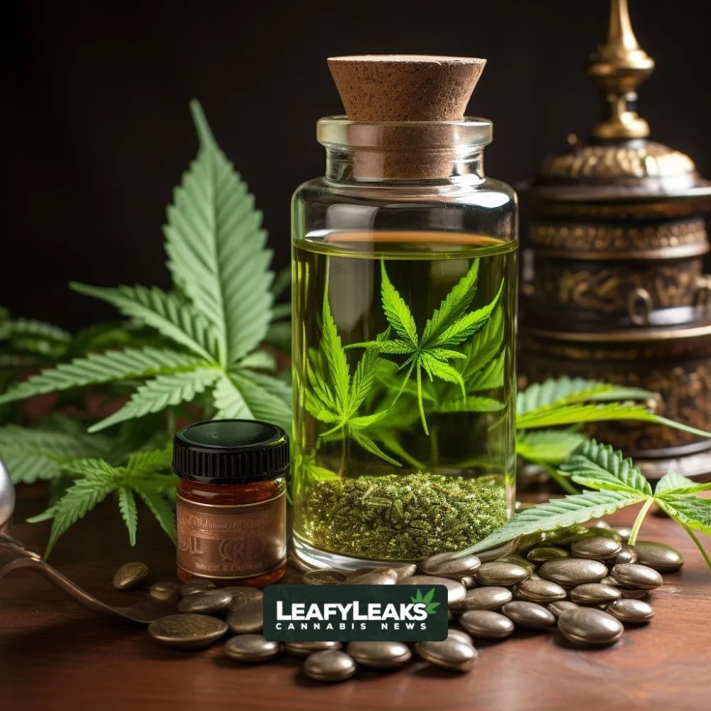 A cannabis leaf emerges from a Schedule III pill bottle.