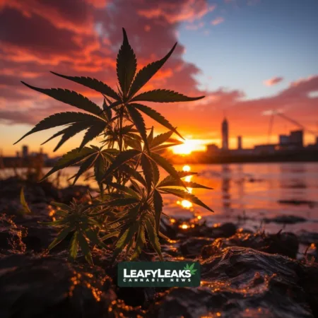 A thriving cannabis leaf against a Mississippi sunset - Medical Cannabis Sales flourishing in the state.