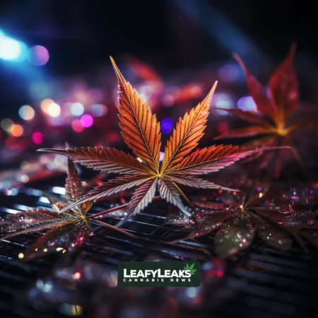Vibrant cannabis leaf and Nasdaq chart merging.