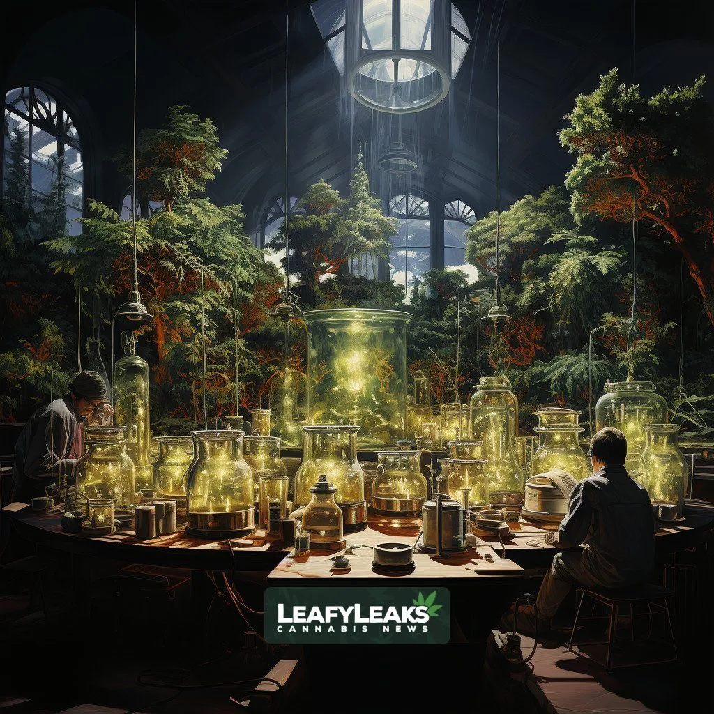 A futuristic laboratory scene with the innovative "Cannabis Catcher" as the central focus, surrounded by vibrant hemp plants.