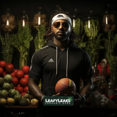 Athlete holding sports equipment and cannabis leaf, symbolizing balance in sports. Cannabis News by LeafyLeaks, Ai Generated image for Leaky Leaks.