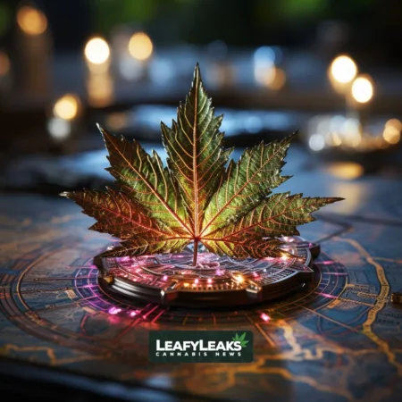 Greenlight’s High-Stakes Expansion: Cannabis Giant Acquires NV & WV Assets, Surprises Industry with Third Dividend Illuminated cannabis leaf at the crossroads, symbolizing Greenlight's expansion journey in the cannabis industry.
