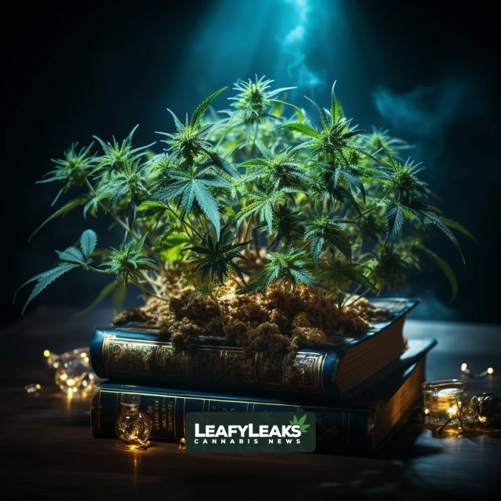 An image of a cannabis plant growing from a book, representing progressive drug reforms. Cannabis News by LeafyLeaks, Ai Generated image for Leaky Leaks.