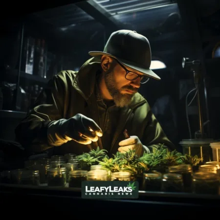 Cannabis investigator examining mysterious Chinese-Connected Marijuana Grows in dimly lit room.