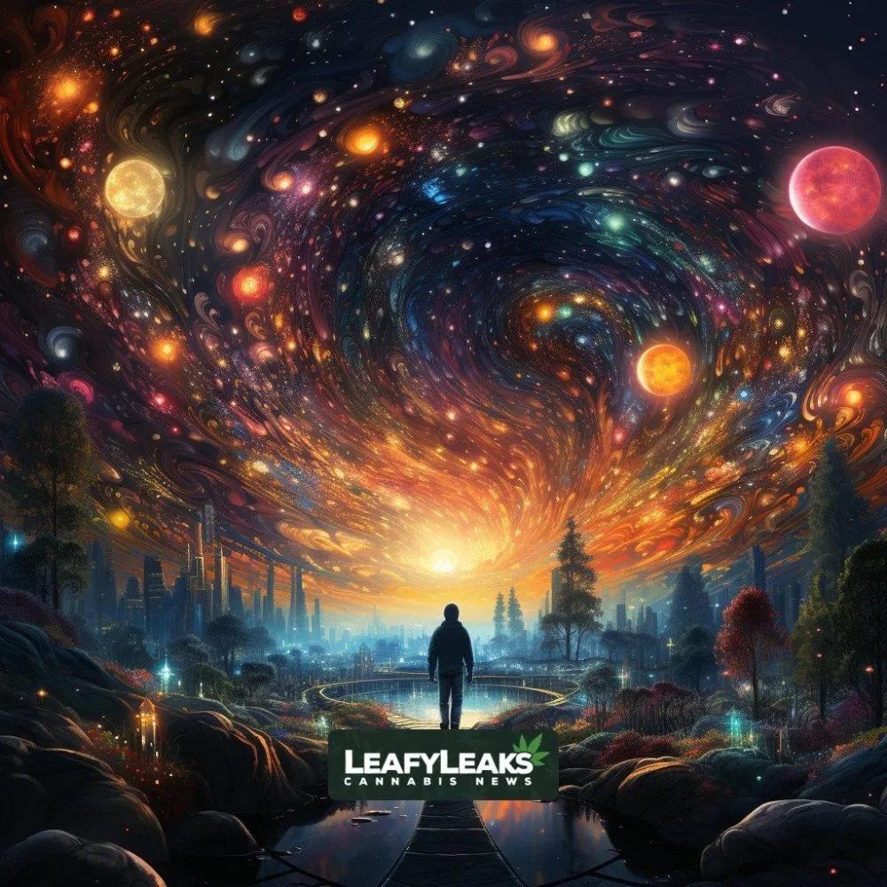 A cosmic journey of MDMA-Psychedelic Combination, Cannabis News by LeafyLeaks, Ai Generated image for Leaky Leaks