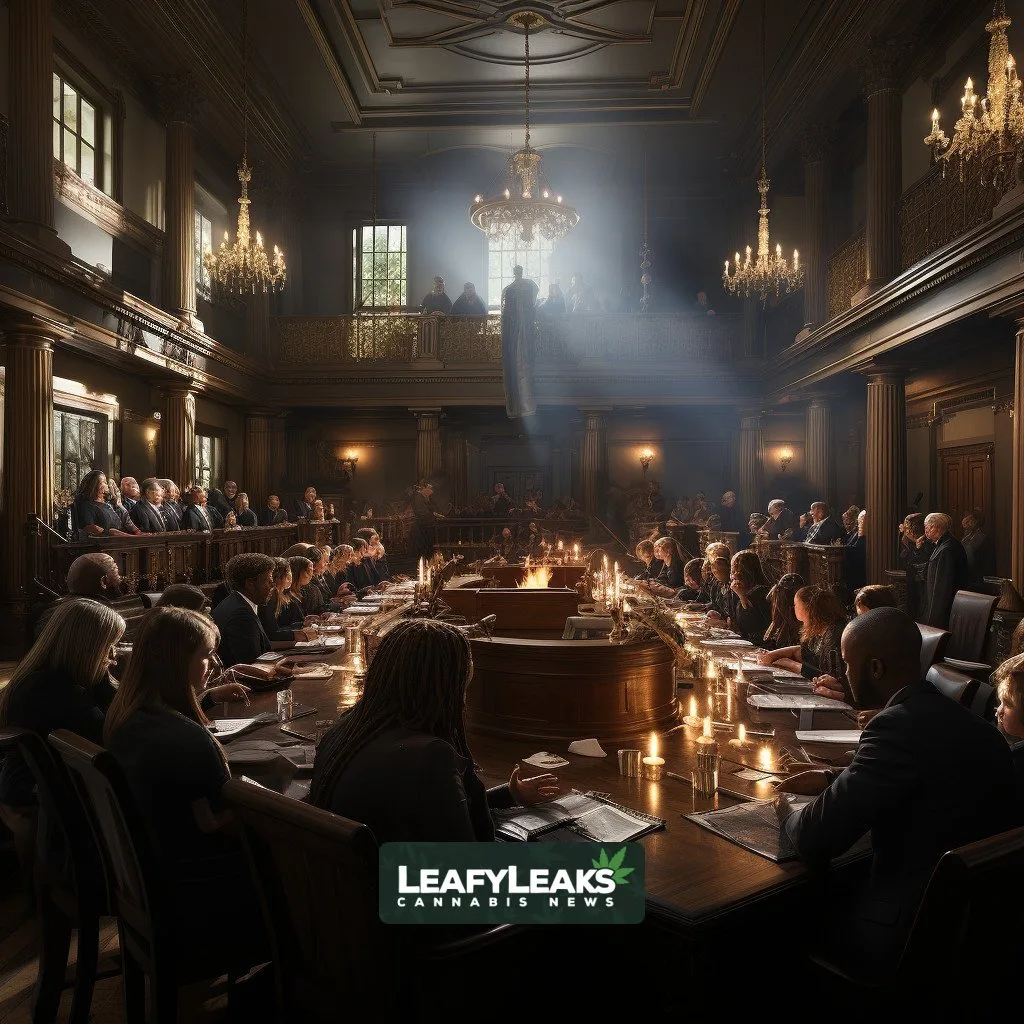 Legal Battle Over Safe Consumption: Faith vs. Federal Law - Courtroom clash with expressive characters.