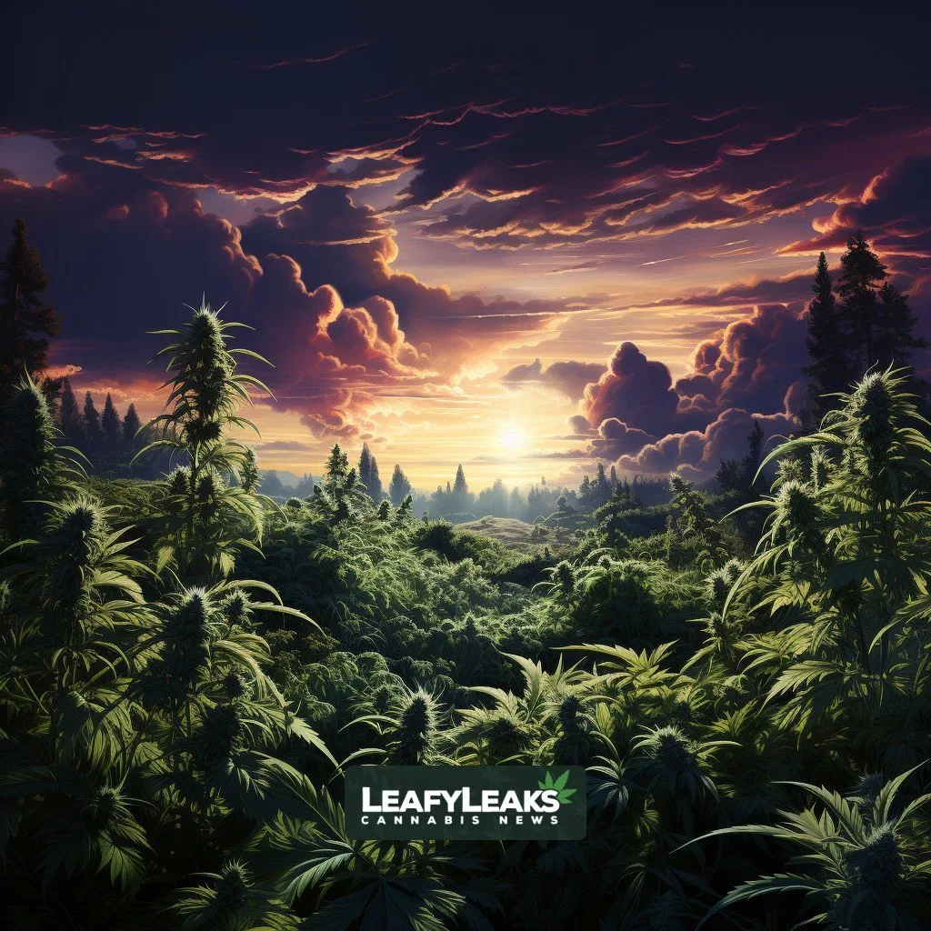 Serene scene of Florida's hemp field at dusk, individuals in discussion, representing uncertainty in the hemp industry.