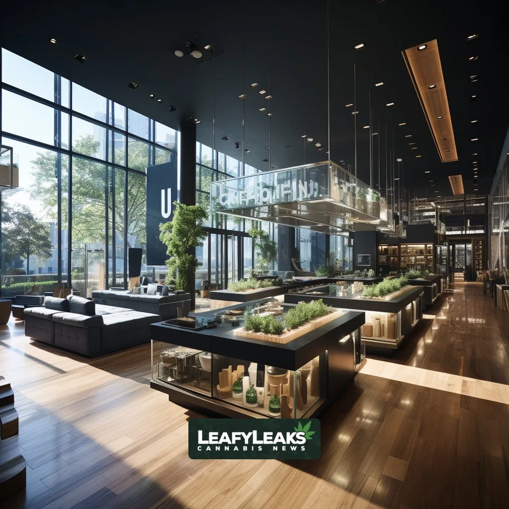 Bustling cannabis dispensary scene with diverse products on display and customers interacting.
